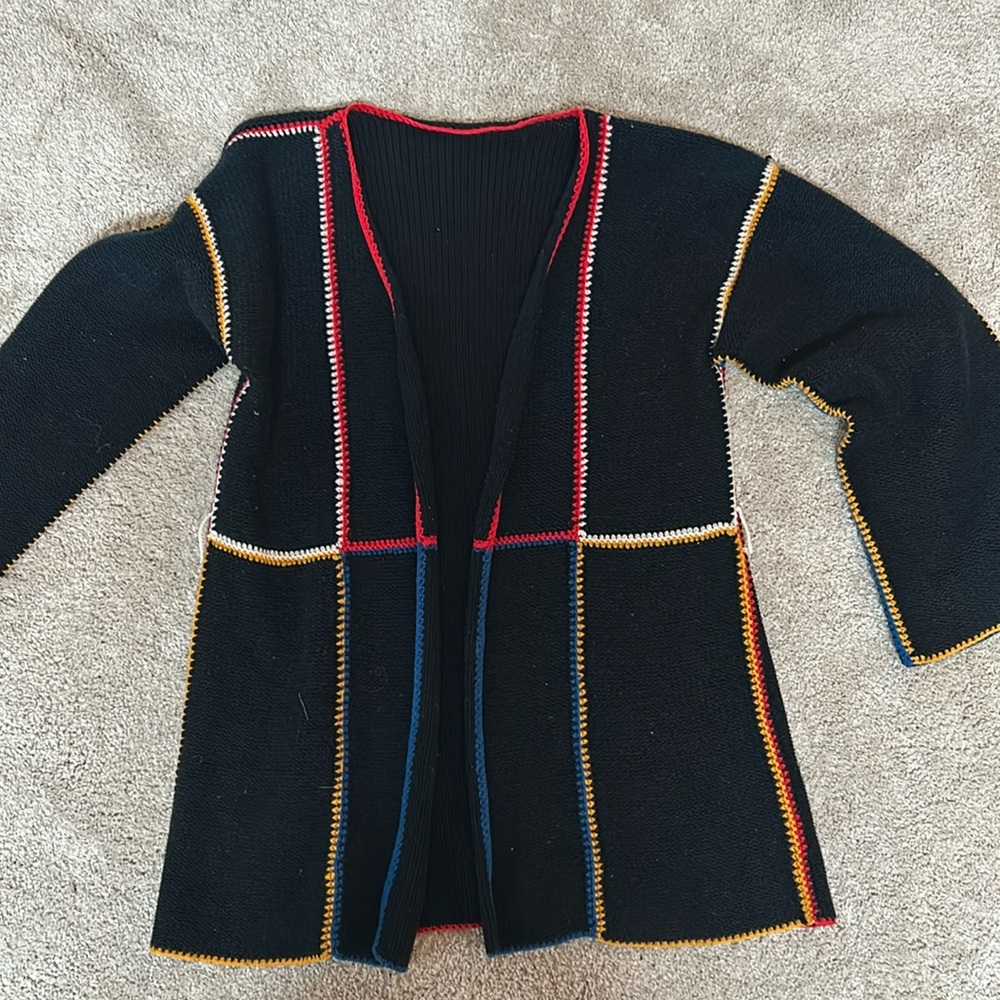 Vintage 70’s black rainbow trim bell sleeve cardigan open sweater